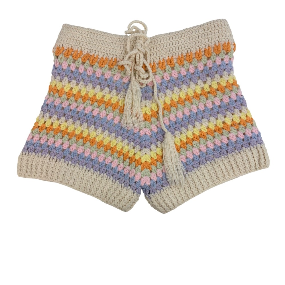 Sweet Lemon Womens Pastel Crochet Rainbow Shorts High Waisted Tassel Sm SLP1038